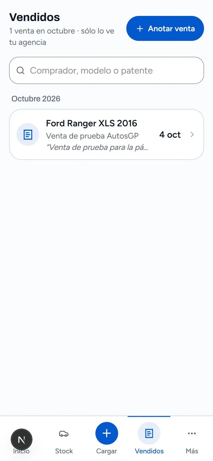 Pantalla real de Vendidos en AutosGP con una venta de prueba
